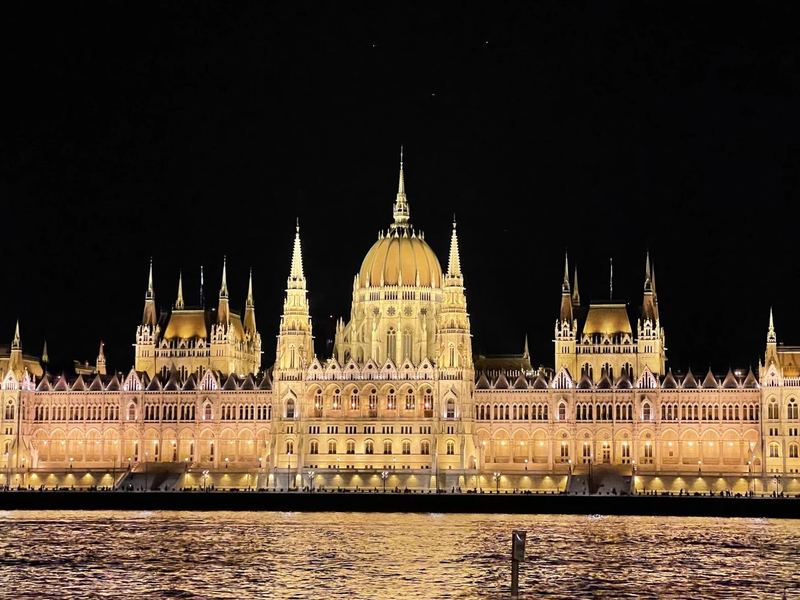 A long, ornate building with a central dome, lit gold at night, its lights reflected in a dark river.